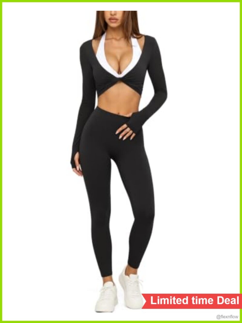 Two Piece Workout Set Long Sleeve Twist Front Top & Leggings Nylon Elastane